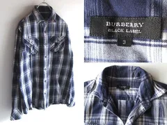 希少 BURBERRY BLACK LABEL バーバリーブラックレーベル ホースロゴ刺繍 ワイヤー襟 コットン チェックシャツ 3 ネイビー 白