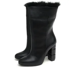 フェラガモ／Salvatore Ferragamo ミドル丈ブーツ シューズ 靴 レディース 女性 女性用レザー 革 本革 ブラック 黒  Loris Fur trimmed Boots サイドジップ ファー 毛皮 プレーントゥ
