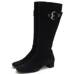 グッチ／GUCCI ロングブーツ シューズ 靴 レディース 女性 女性用 スエード スウェード レザー 革 本革 ブラック 黒  182010 ベルトデザイン サイドジップ プレーントゥ レザーソール