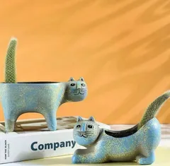 気持ち悪い顔のネコ グリーン 観葉植物 プランター 多肉植物 植木鉢 花瓶 緑 サボテン かわいい おしゃれ 室内 屋外 陶器 鉢植え 尻尾 引越し祝い プレゼント おもしろ雑貨 インテリア キャット 動物 オブジェ 置物