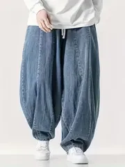 メンズ デニム ジーンズ ワイドパンツ ハレムパンツ ワイドレッグ ドローストリング イージーパンツ ストリート 韓国ファッション カジュアル ゆったり 体型カバー トレンド おしゃれ 春 秋 大きいサイズ ロングパンツ ボトムス