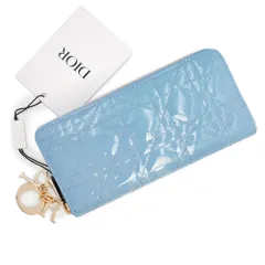 クリスチャンディオール S0007OVRB レディ ディオール LADY DIOR VOYAGEUR カナージュ パテントカーフスキン ライトブルー ラウンドファスナー 長財布 エナメルレザー ゴールド金具 箱付 Christian Dior（新品・未使用品）