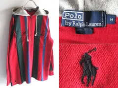 希少 90sビンテージ Polo by Ralph Lauren ラルフローレン 裾ポニー ロゴ刺繍 鹿の子 ストライプ ハーフジップ パーカー フードシャツ M