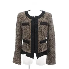 ヒロココシノ HIROKO KOSHINO ツイードジャケット 38 黒 ブラック ベージュ系 ノーカラー 長袖 フリル飾り /TZ ■GY60のサムネイル