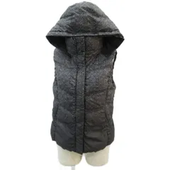 コムサデモード COMME CA DU MODE ダウンベスト 上着 ミドル丈 9 黒 ブラック オフホワイト 総柄 フード付き /HO60 ■GY58