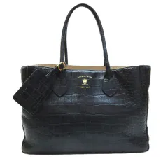 A.D.M.J クロコ型押し トートバッグ レザー 牛革 ハンドバッグ ネイビー系 紺 ギャランティーカード付 E6554LF