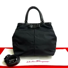極 美品 袋付 Salvatore Ferragamo フェラガモ ヴァラリボン ナイロン パテントレザー 2way ハンドバッグ ショルダーバッグ ブラック 01591