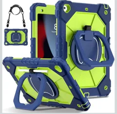 ★360度回転 iPad 10.2インチ 用ケース 第7/8/9世代 ペン 収納 シリコン 防塵 頑丈ケース iPad7 8 9用 肩掛け キッズ 子供カバー リングハンドル 縦置き 横置き スタンド 耐衝撃 落下防止 ，ネイビー+緑