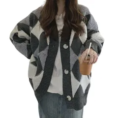 [AUSKY] 上質 カーディガン レディース ニット チェック柄 アウター 羽織り ボア 長袖 厚手 トップス アーガイル Vネック ゆったり 大きいサイズ セーター ボタン付き 暖かい おしゃれ 秋 冬 春 通勤 お出かけ