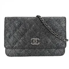 シャネル チェーンウォレット レディース マトラッセ ココマーク ショルダーバッグ フルフラップ 肩掛け 斜め掛け ラメ CHANEL  キャビアスキン   ブラック 黒 シルバー金具【中古品】