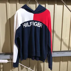 2059 TOMMY HILFIGER パーカー ネイビー レッド ホワイト L トミーヒルフィガー スウェット プリントロゴ 古着卸 アメリカ仕入