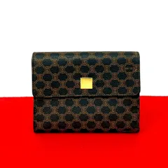 極 美品 CELINE セリーヌ ヴィンテージ マカダム ブラゾン ロゴ 柄 レザー 三つ折り 財布 ミニ ウォレット ブラック ブラウン 26134