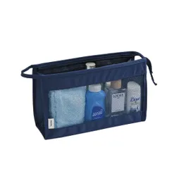 メッシュ 化粧ポーチ メイクポーチ 化粧品収納 トラベルポーチ トイレタリーポーチ 吊り下げ 折りたたみ コンパクト出張・旅行用 (ネイビー) [ネイビー]