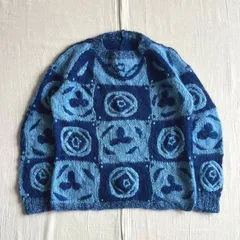 90s　vintage　ヴィンテージ　ユーロ古着　大判アートモチーフ　花　フラワー　ローゲージ編み　モヘア　ジャガードニット　セーター　ラグラン　首後ろボタン留め　濃淡ブルー　big flower art motif jacquard mohair knit