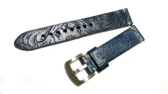 本革　カービング　フラット　ミリタリーシェイプ　高級ストラップ　群青系　20mm