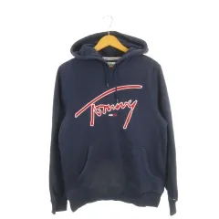 トミーヒルフィガー TOMMY HILFIGER DENIM プルパーカー スウェット 裏起毛 S 紺 ネイビー 長袖 ロゴ刺繍 /AH47 ■ECC001
