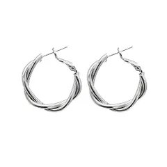 ピアス レディース フープピアス ツイスト キャッチレス クリップ式 華やか シンプル パーティー ギフト フープ つけっぱなしピアス 錆びない 小さめ 小さい 小ぶり 可愛い おしゃれ かわいい (シルバー) [シルバー]