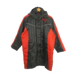 プーマ PUMA ベンチコート 中綿 スポーツウエア 150 黒 ブラック 赤 レッド スタンドカラー フード付き ストライプ ロゴ /MN5 ■ECD001