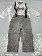 男の子 ベビー 4点セット 長袖カーディガン＋サスペンダー 蝶ネクタイ付き 秋服 コットン 無地 おしゃれ Q-000831  bu1