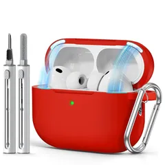 【新品】 Inesore for AirPods Pro3 ケース (2025) カラビナ & クリーニングペン付き、シリカゲル素材/全面保護/耐衝撃/強力な落下防止、エアーポッズプロ 第3世代対応 マグネット式蓋ロック保護カバー -深いレッド 0