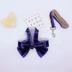 【新品未使用品】リード付きハーネス　パープル　リボン　ドレス　チェック　ペット　服