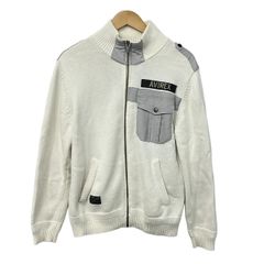 AVIREX(アビレックス) ブルゾン サイズL メンズ - アイボリー×ライトグレー 長袖/ニット/ジップアップ/春/秋