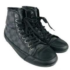 LOUIS VUITTON★ルイヴィトン・メンズ レザー切替 ダミエグラフィット総柄 エンボス加工LVライン ハイカット スニーカー (7/26㎝相当) イタリア製 メンズスニーカー カジュアル ブランドシューズ ブラック