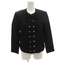 ピンクハウス PINK HOUSE ノーカラージャケット 黒 ブラック 金ボタン リボン装飾 ダブルブレスト /FF ■GY60