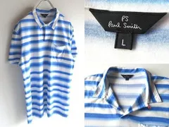 PS Paul Smith ポールスミス ロゴピスネーム コットンレーヨン天竺 グラデーションボーダー柄 ポロシャツ L 青 白 日本製