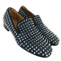 美品★Christian Louboutin・クリスチャンルブタン・メンズ デニム地レザー スパイクスタッズ ローファー (40.5/約25.5㎝相当) スタッズ メンズシューズ カジュアル スリッポン ブランドシューズ