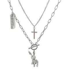 【新品】 [KINUNTOP] 可愛い十字架ネックレス シルバー 地雷系 量産型 2連アクセサリー 韓国ネックレス 兎 原宿 上品 韓国 オルチャン パンク ストリート 闇 病みかわ 地雷 原宿 鎖 十字架 チェーン 1