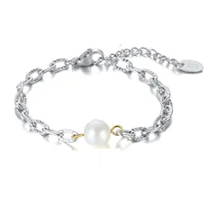 【新品】 ブレスレット レディース シルバー ブランド 淡水真珠 パールブレスレット ロングネックレス 調整可能 あずきチェーン ステンレス おしゃれ パーディー アクセサリー (ブレスレット) 1