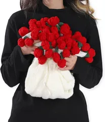 SALUDABLE 花束になるブランケット 完成品 フラワーブランケット ブーケ 編み物 贈り物 (レッド 薔薇,  110cm)