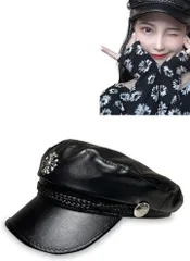 WinJapan レディース キャップ 軍服 ロリータ コスプレ キャスケット 帽子 制服 ポリス 軍ロリ (ブラック(皮タイプ（PUレザー）),  Free Size)