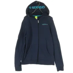 adidas NEO アディダスネオ コットン 刺繍ロゴ 長袖 ジップパーカー Ｍ ネイビー レディース 古着