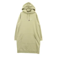 美品 TOMMY HILFIGER トミーヒルフィガー ロゴ刺繍 長袖 スウェットパーカー 膝丈ワンピース L ベージュ系 レディース 古着