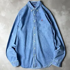 90s RALPH LAUREN 長袖 コットン デニム ボタンダウン シャツ XL / 90年代 POLO ポロ ラルフローレン ポニー刺繍 ワンポイント
