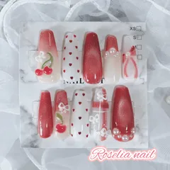 【オーダーNo.37】さくらんぼ･チェリー･春･Spring･リボン･チェック･フレンチガーリー･大人可愛い･韓国･ワンホン･ハートホロ･赤･フラッシュ･マグネット･ちゅるん･キラキラ･ネイルチップ