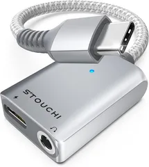Stouchi USB Type 3.5mm イヤホン変換アダプター 2in1 DAC搭載 24bit/96kHz Hi-Fi音質 30W高速充電PD/QC対応 幅広い交換性 高耐久編組ナイロンケーブル (シルバー)
