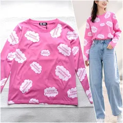 未使用 カンサイヤマモト 長袖Tシャツ M ピンク ロンT【空に浮かぶポップな雲】 Kansai Yamamoto 日本製 ロゴ総柄 綿100% デッドストック 80s 90s　山本寛斎のサムネイル