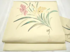 平和屋着物▼塩瀬　九寸名古屋帯　作家物　手描き　枝花文　金彩　正絹　逸品　CABD5833hy