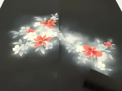平和屋着物▼羽織・コート　反物　羽尺　枝花文　暈し染め　黒地　逸品　未使用　DABC4307zy