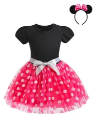 【在庫セール】キッズ コスプレ 半袖 ワンピース パーティー ドット柄 人気 イベント 可愛い 演出服 子供 仮装 レッド ミニーちゃん カチューシャ ハロウィン 女の子 2点セット ミニー