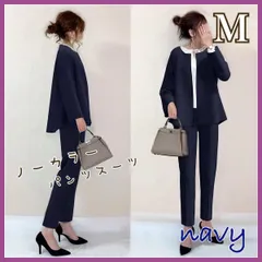 【新品】≪ネイビー/Mサイズ≫ノーカラー パンツスーツ  レディーススーツ