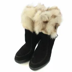 トッズ TOD'S ショートブーツ チャンキーヒール ファー ベルト スエード 35 22cm 黒 ブラック /TK