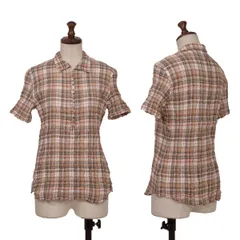 マドモアゼルノンノンMademoiselle NON NON コットンシワチェック多ボタン半袖ブラウス ベージュ茶他38M