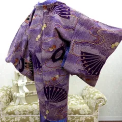羽織 アンティーク 昔長羽織 正絹 紫×多色 檜扇 鼓 昔 レトロモダン 明治・大正ロマン ちりよけ 上着 身丈98.3cm