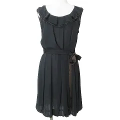 フォクシーニューヨーク FOXEY NEW YORK バルーンワンピース ひざ丈 シフォン フリル ノースリーブ ウエストリボン 28160 黒 茶 40 M相当 IBO58 X