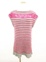 レイビームス Ray Beams ワンピース ニット フレンチスリーブ ボーダー スパンコール ひざ丈 ウール グレー ピンク cys