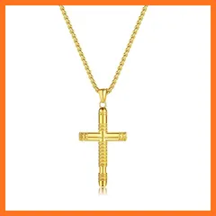 【新品】 [Rockyu] 十字架ネックレス メンズ 大きい クロスペンダントネックレス ゴールド ステンレス 金属アレルギー対応 ドット彫刻 パンク風 ヒップホップ風 アクセサリー 復活祭 彼氏の誕生日 プレゼント (ゴールド) 1